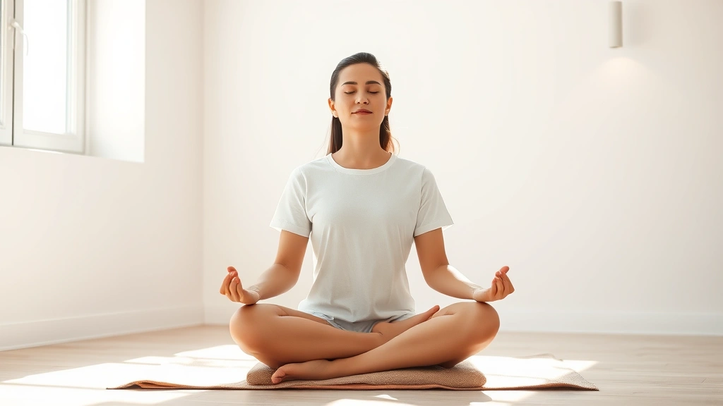Person meditating peacefully in sunlit room with soft natural light, serene facial expression, sitting cross-legged on cushion, minimalist interior, photorealistic, no text or letters visible