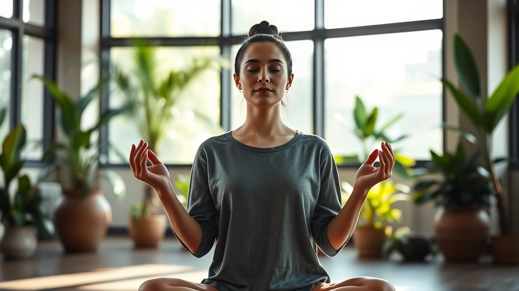 Person in peaceful meditation posture in a modern wellness center, soft natural lighting through windows, calm facial expression, hands in meditation position, serene indoor garden environment with plants, photorealistic wellness setting