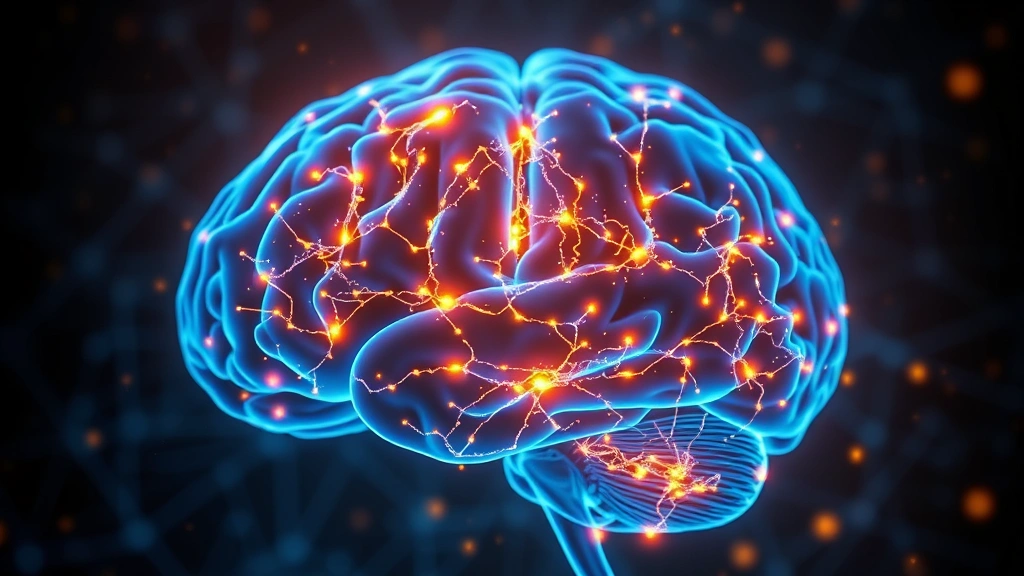 Brain scan visualization showing neural pathways and connections glowing in blue and gold colors, representing mindfulness activation, scientific medical imagery, photorealistic, no text overlay