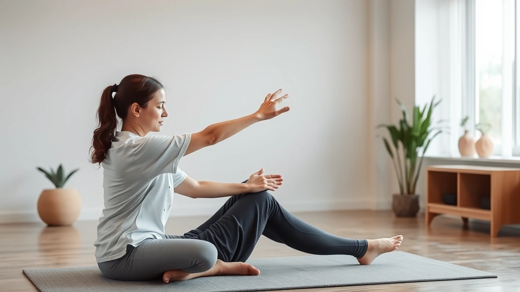Integrated rehabilitation session showing a physical therapist working with a patient doing therapeutic exercises while mindfulness meditation elements subtly visible in the background through peaceful environment design, modern clinic setting, photorealistic professional healthcare context