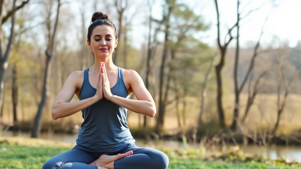 Woman practicing yoga meditation outdoors in nature setting with trees and water in background, calm focused expression, mindful movement pose, natural lighting, photorealistic, no text