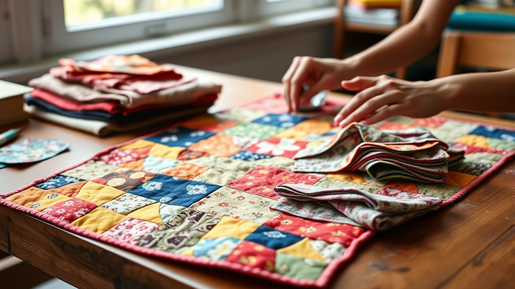 Close-up of hands carefully arranging colorful fabric squares on a wooden quilting table, showing vibrant cotton patterns in soft natural window light, peaceful creative workspace atmosphere