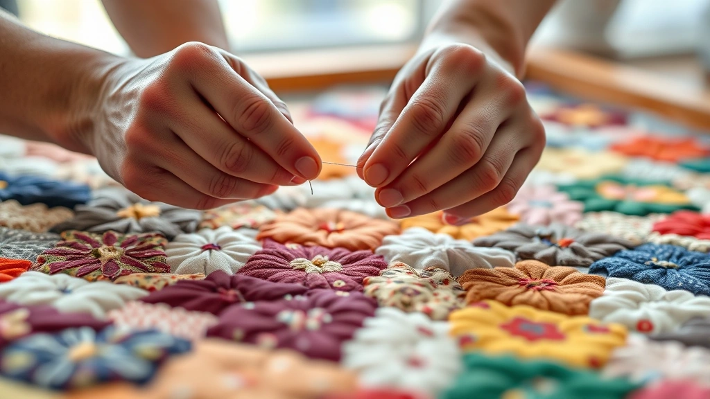 Close-up of hands stitching colorful fabric patches together on a quilt frame, natural lighting from window, soft focus background showing organized fabric colors, peaceful concentrated expression