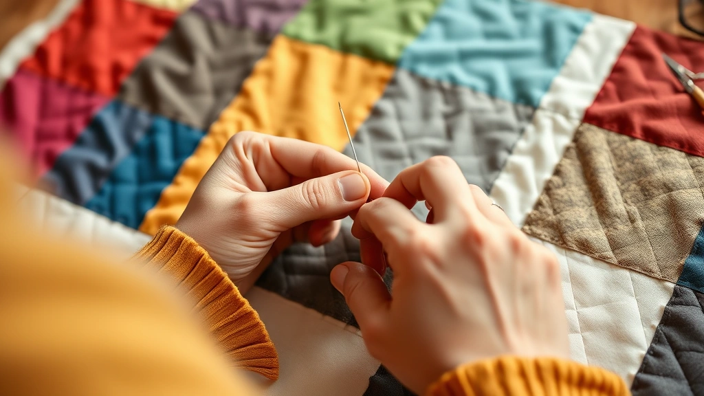 Detailed shot of hands stitching colorful fabric pieces together with needle and thread at a quilting frame, showing precise needle work and textured fabric textures in warm lighting