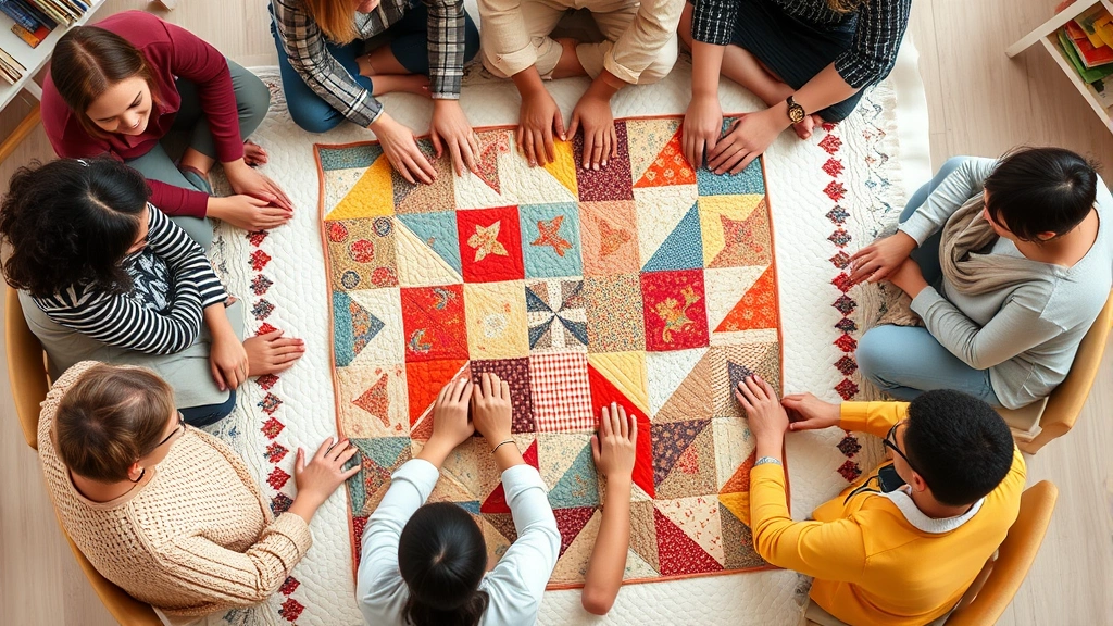 Overhead view of a diverse group of people sitting around a quilting circle, hands working on a large quilt project together, showing collaboration and community engagement in a bright creative space