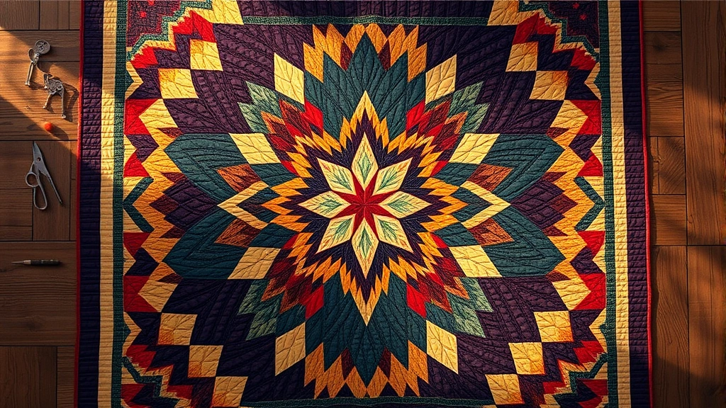 Overhead view of a completed quilt with intricate geometric patterns in jewel tones, laid on a wooden surface with quilting tools nearby, warm natural lighting highlighting fabric textures and stitching details