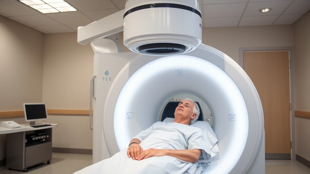 A cancer patient receiving external beam radiation therapy in a modern medical facility, wearing hospital gown, positioned on treatment table with linear accelerator equipment above, calm clinical environment with soft lighting