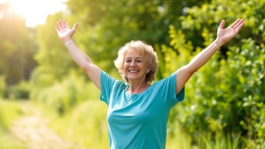 A cancer survivor in outdoor natural setting, standing confidently with arms raised, surrounded by greenery and sunlight, representing hope, recovery, and wellness after treatment completion