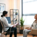 Professional therapist in modern office conducting hypnotherapy session with calm, focused client sitting comfortably in ergonomic chair, warm lighting, peaceful environment, therapeutic setting