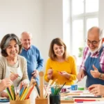A diverse group of people of various ages engaged in creative art activities in a bright, modern therapy studio with natural light, paintbrushes, canvas, and therapeutic materials visible, showing genuine engagement and positive emotions