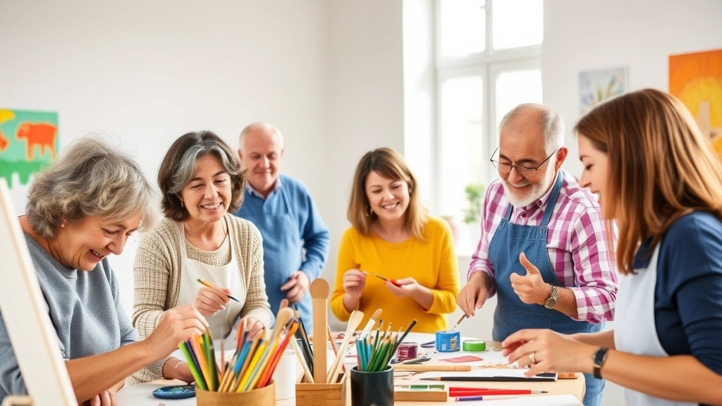A diverse group of people of various ages engaged in creative art activities in a bright, modern therapy studio with natural light, paintbrushes, canvas, and therapeutic materials visible, showing genuine engagement and positive emotions