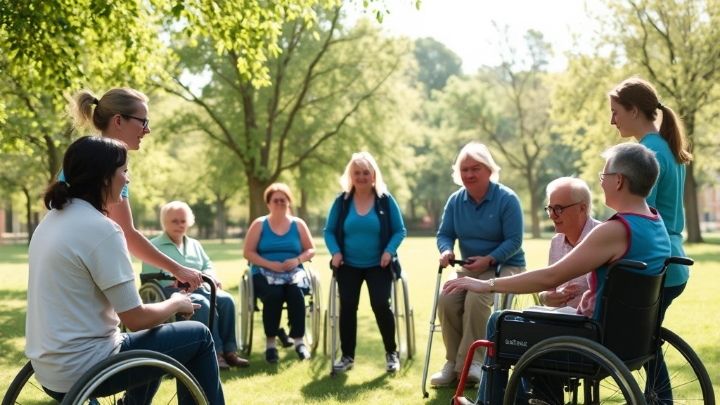 A recreation therapist facilitating an outdoor group activity with clients in a natural park setting, demonstrating adaptive recreation with accessible equipment and inclusive participation, green trees and open space, warm sunlight