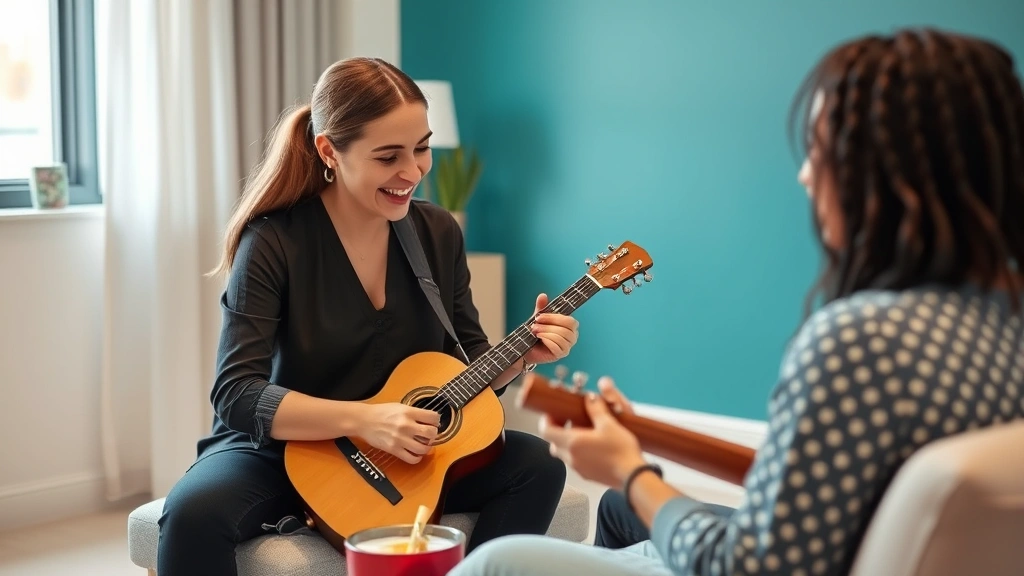 A professional recreation therapist working one-on-one with a client in a wellness center, using music therapy instruments and creative tools, showing supportive therapeutic interaction in a comfortable clinical environment with soft lighting
