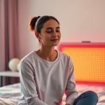 A serene person sitting in front of a warm red light therapy panel in a modern minimalist bedroom at sunrise, natural morning light streaming through windows, peaceful expression, photorealistic, clinical wellness setting