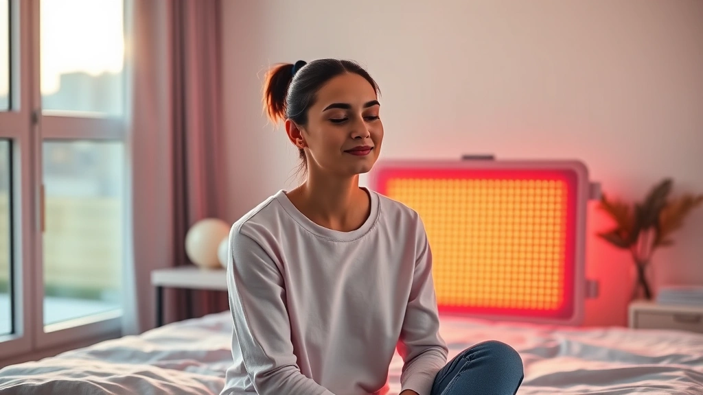 A serene person sitting in front of a warm red light therapy panel in a modern minimalist bedroom at sunrise, natural morning light streaming through windows, peaceful expression, photorealistic, clinical wellness setting