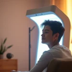 Person sitting in front of modern bright light therapy device during early morning, sunlit room with warm natural light coming through window, calm peaceful expression, photorealistic