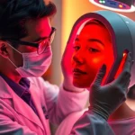 Professional dermatologist using red and near-infrared light therapy panel on patient's face in modern clinical setting, warm clinical lighting, advanced medical equipment visible