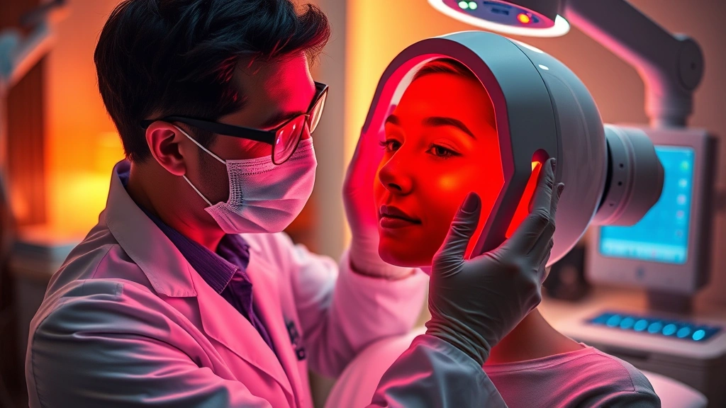 Professional dermatologist using red and near-infrared light therapy panel on patient's face in modern clinical setting, warm clinical lighting, advanced medical equipment visible
