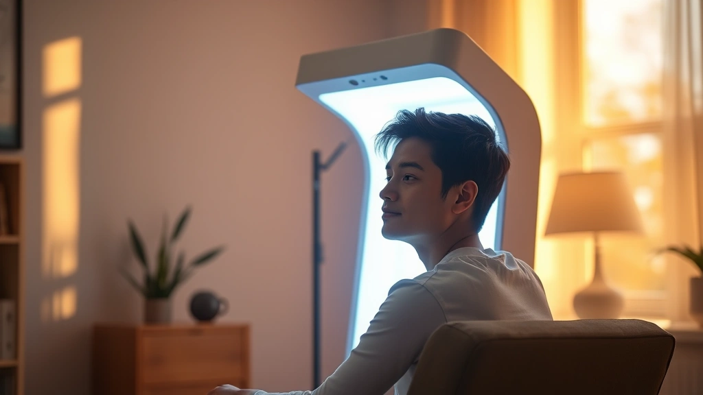 Person sitting in front of modern bright light therapy device during early morning, sunlit room with warm natural light coming through window, calm peaceful expression, photorealistic