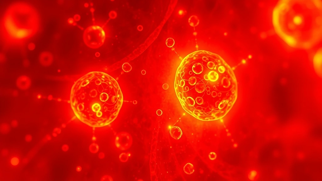 Close-up of human skin cells glowing with photobiomodulation, mitochondria activated with energy particles, scientific illustration style showing ATP production, deep reds and golds