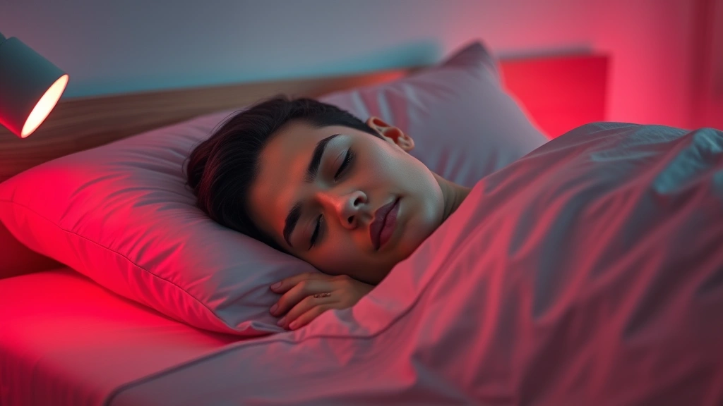 A person sleeping peacefully in bed with soft red light ambient lighting in background, natural sleep environment, calm bedroom aesthetic, warm color temperature, wellness focused, photorealistic clinical setting