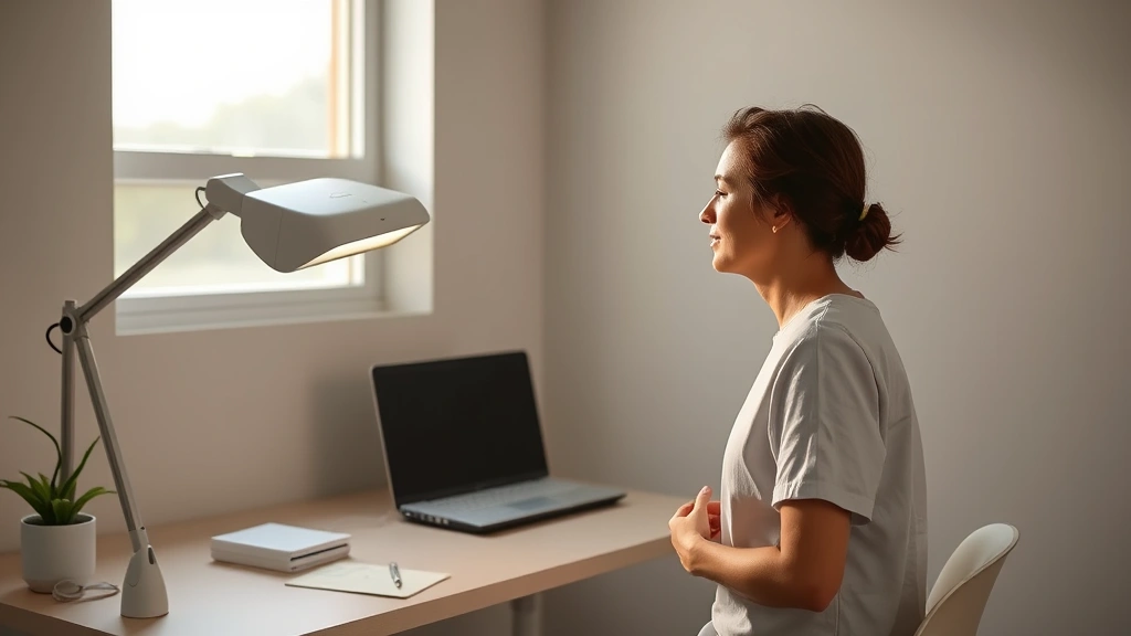 Clinical light therapy session setup with professional light box on desk, person positioned at proper distance, morning light, minimalist wellness environment, photorealistic