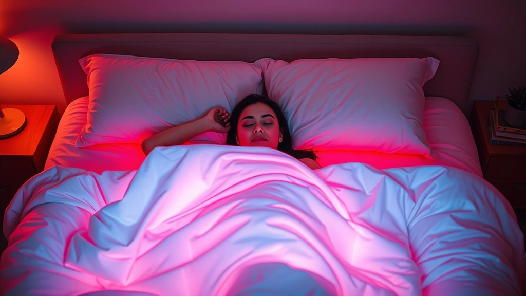 Person lying on a bed covered with a red light therapy blanket emitting deep crimson glow, relaxed expression, modern bedroom setting, photorealistic, warm ambient lighting, no text visible