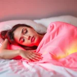 Person using a red light therapy blanket while lying on a bed, warm therapeutic glow visible, peaceful expression, modern bedroom setting, photorealistic lighting