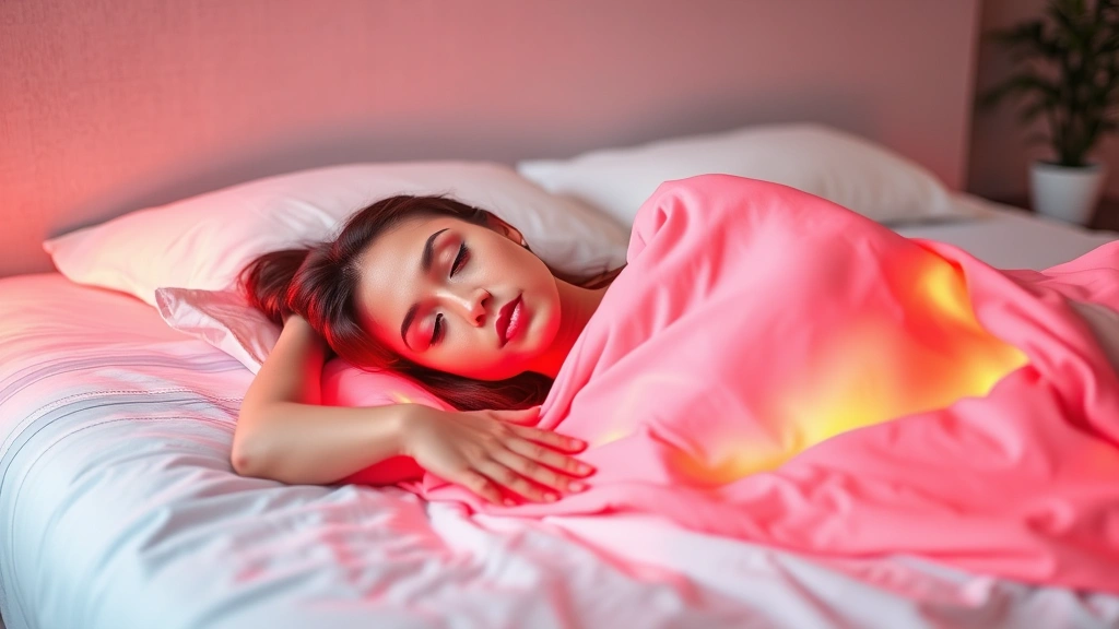Person using a red light therapy blanket while lying on a bed, warm therapeutic glow visible, peaceful expression, modern bedroom setting, photorealistic lighting