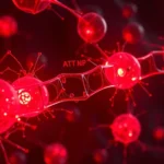 Photorealistic image of mitochondria glowing with red light energy, cellular structures illuminated, ATP molecules being produced, scientific visualization, dark background, microscopic detail, bioluminescence effect