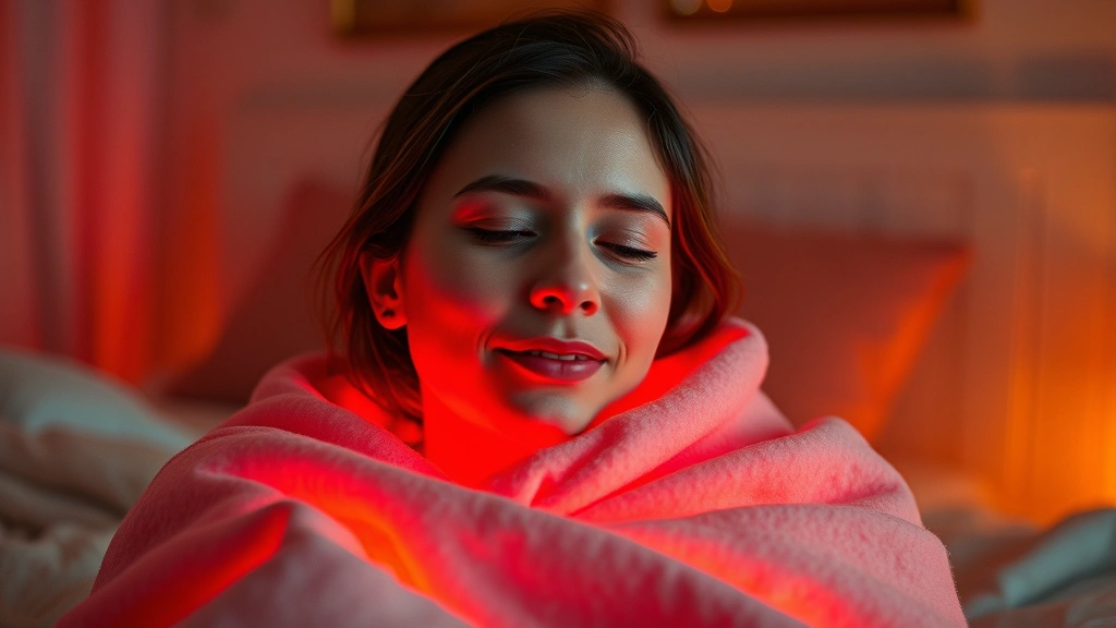 Person wrapped in warm red light therapy blanket in cozy bedroom during evening, soft ambient glow illuminating face with peaceful expression, comfortable home environment, photorealistic lighting