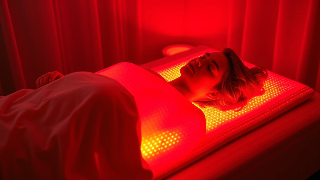 Person using a red light therapy blanket during recovery session, warm glowing light surrounding body, peaceful therapeutic environment, photorealistic, no visible text or screens