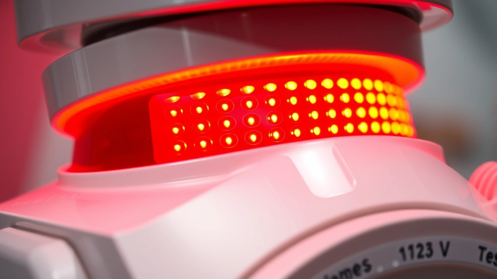 Close-up of red LED light array on medical device, wavelengths visible as warm amber-red glow, scientific precision equipment appearance, professional medical setting