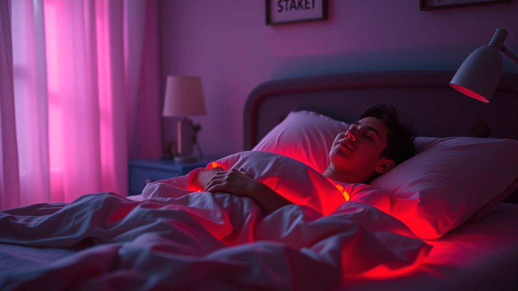 Realistic bedroom scene with person lying in bed under red light therapy blanket at night, warm red glow surrounding body, peaceful expression, circadian rhythm visualization as subtle aura, nighttime setting, calm atmosphere