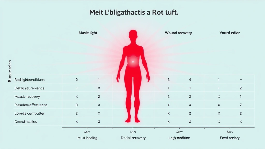 Comparison chart visualization showing red light therapy effectiveness across different conditions like muscle recovery and wound healing, abstract medical aesthetic, no readable text or numbers