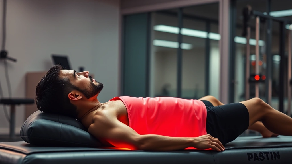 Athlete in recovery position using red light therapy blanket on lower back and legs, focused expression, modern gym or recovery room environment, photorealistic clinical setting, no text