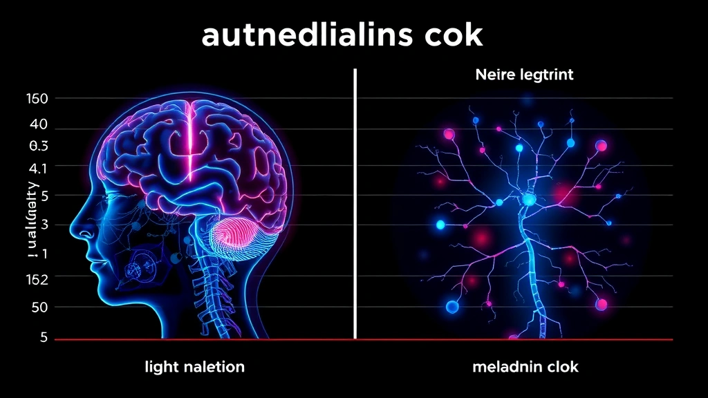Photorealistic comparison chart showing brain circadian clock synchronization, red light wavelengths versus blue light, neural pathways lighting up, melatonin production visualization, scientific medical illustration style, no text overlay