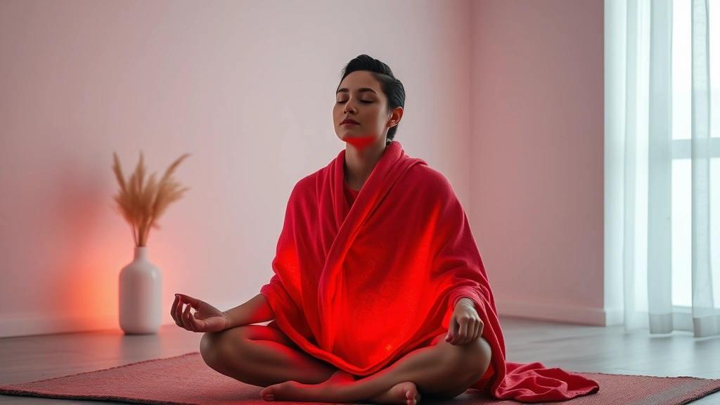Serene individual using red light therapy blanket while meditating in minimalist wellness space, warm therapeutic light surrounding body, calm focused expression, modern wellness environment