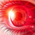 Close-up of human eye with warm red light rays gently illuminating the iris and retina, showing photons interacting with cellular mitochondria, photorealistic medical illustration style, no text or labels