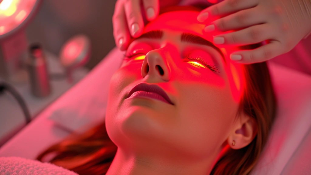 Person receiving red light therapy treatment on their face with eyes peacefully closed, warm therapeutic light creating a gentle glow, clinical wellness environment, professional lighting setup visible
