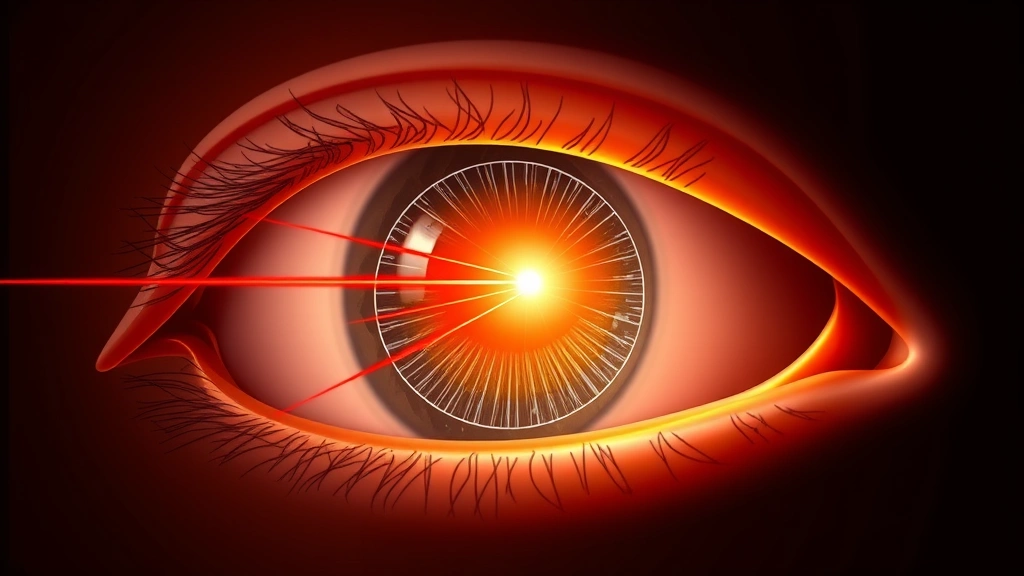 Cross-section diagram visualization of light wavelengths penetrating through eyelid tissue into the eye structure, showing red and near-infrared light paths, scientific illustration without text overlays