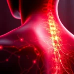 Close-up of red and near-infrared light wavelengths penetrating human back tissue, showing cellular mitochondria illuminated, photorealistic medical illustration style, no text