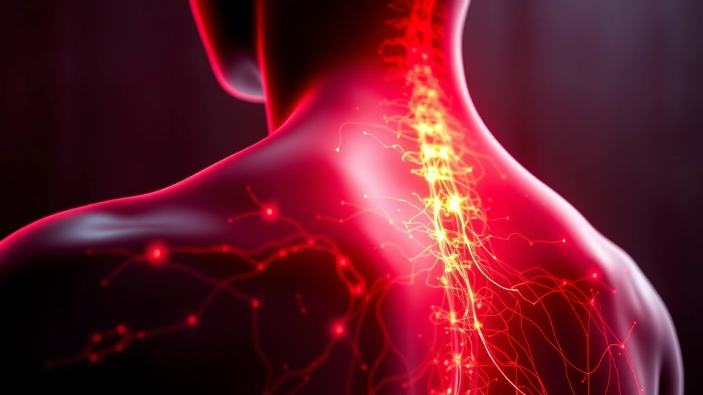 Close-up of red and near-infrared light wavelengths penetrating human back tissue, showing cellular mitochondria illuminated, photorealistic medical illustration style, no text