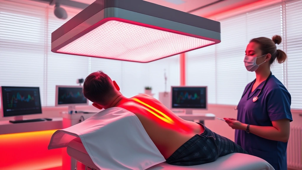 Modern clinical setting with patient receiving red light therapy on lower back region from overhead panel, warm red light illuminating treatment area, professional medical environment with healthcare provider monitoring treatment