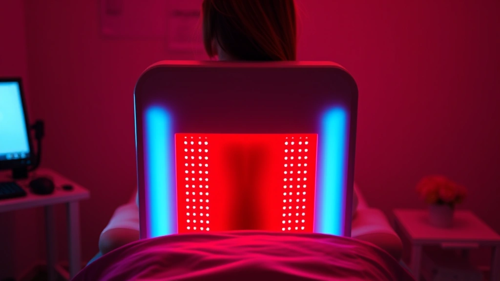Professional red light therapy panel device positioned near a person's lower back during treatment session, warm ambient lighting, therapeutic clinical setting, no visible text or labels