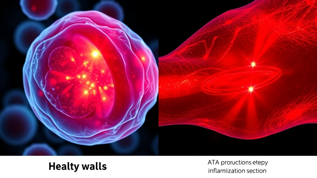 Split-screen comparison showing healthy muscle cells with bright mitochondrial activity on one side and damaged muscle tissue on the other, red light therapy waves stimulating cellular repair, scientific visualization of ATP production and inflammation reduction