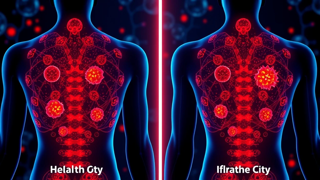 Comparison visualization of healthy versus inflamed back tissue cells under red light therapy, cellular regeneration and ATP production, photorealistic scientific illustration, no text elements