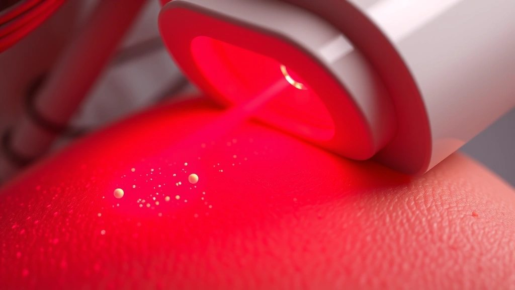 Close-up of red light therapy device emitting crimson wavelengths penetrating skin tissue, photorealistic medical illustration showing light absorption into cellular structures, no text or labels
