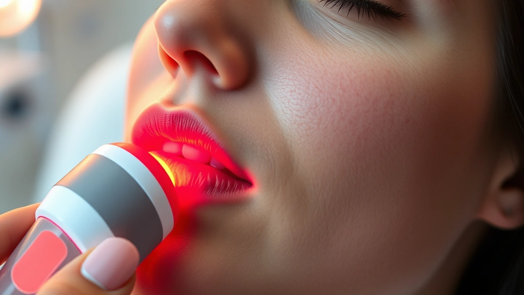 Close-up of a person using a handheld red light therapy device on their face near the mouth area, clinical setting with soft lighting, device emitting red glow