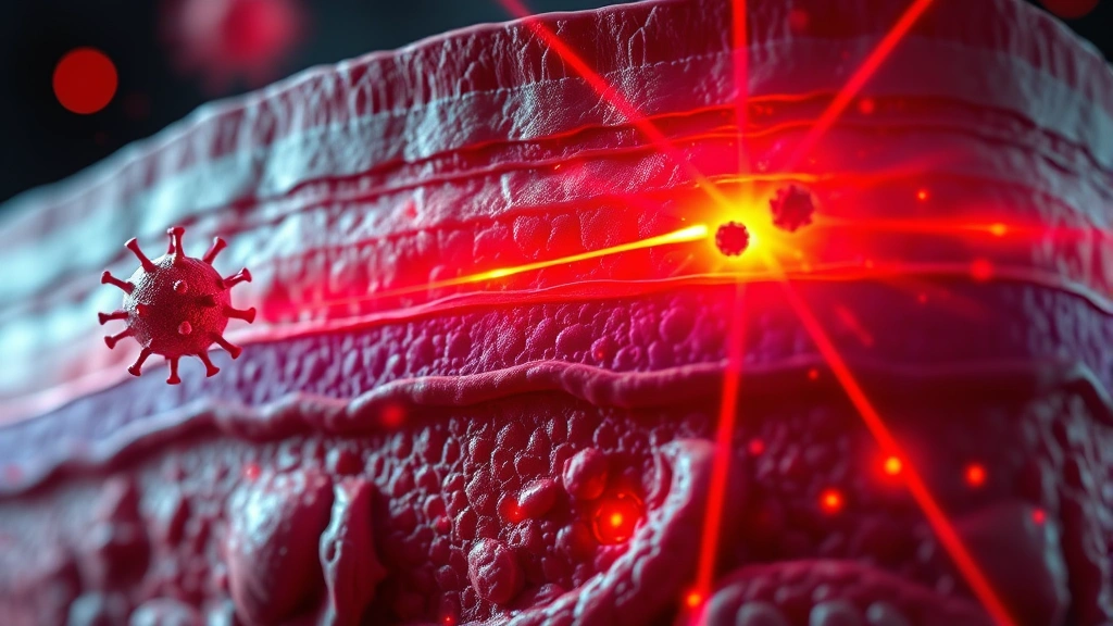 Detailed cross-section of skin layers showing herpes simplex virus particles and red light photons interacting with mitochondria, scientific visualization with cellular components glowing, no text